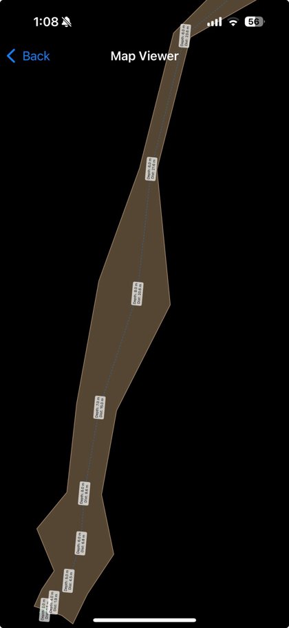 CaveDiveMap live map: a north-up passage outline with the centreline and depth / distance labels at each station